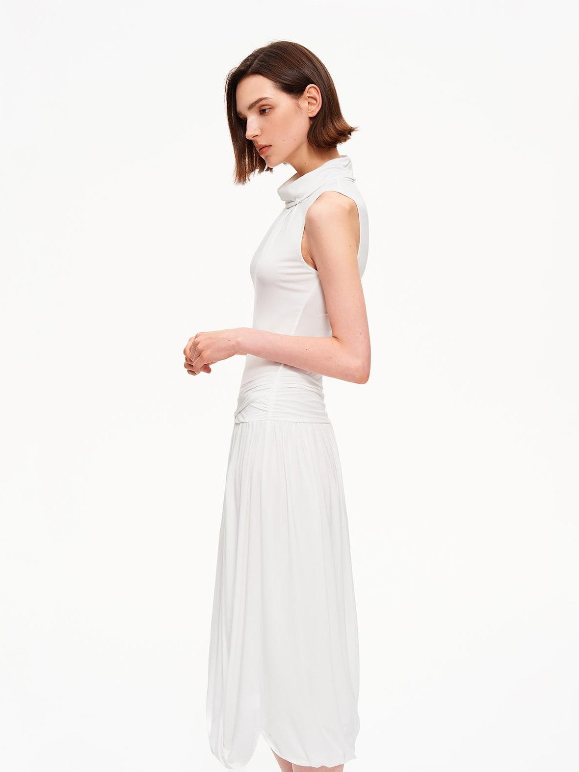 STRIKE A POSE Textured Sleeveless Mock Neck Fitted Waist Women&