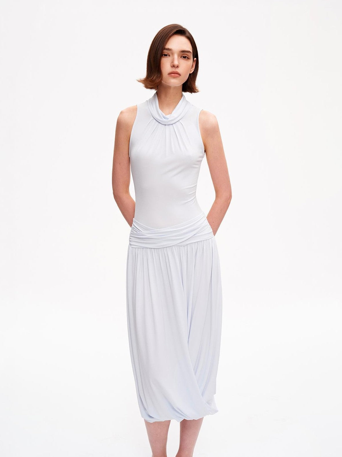 STRIKE A POSE Textured Sleeveless Mock Neck Fitted Waist Women&