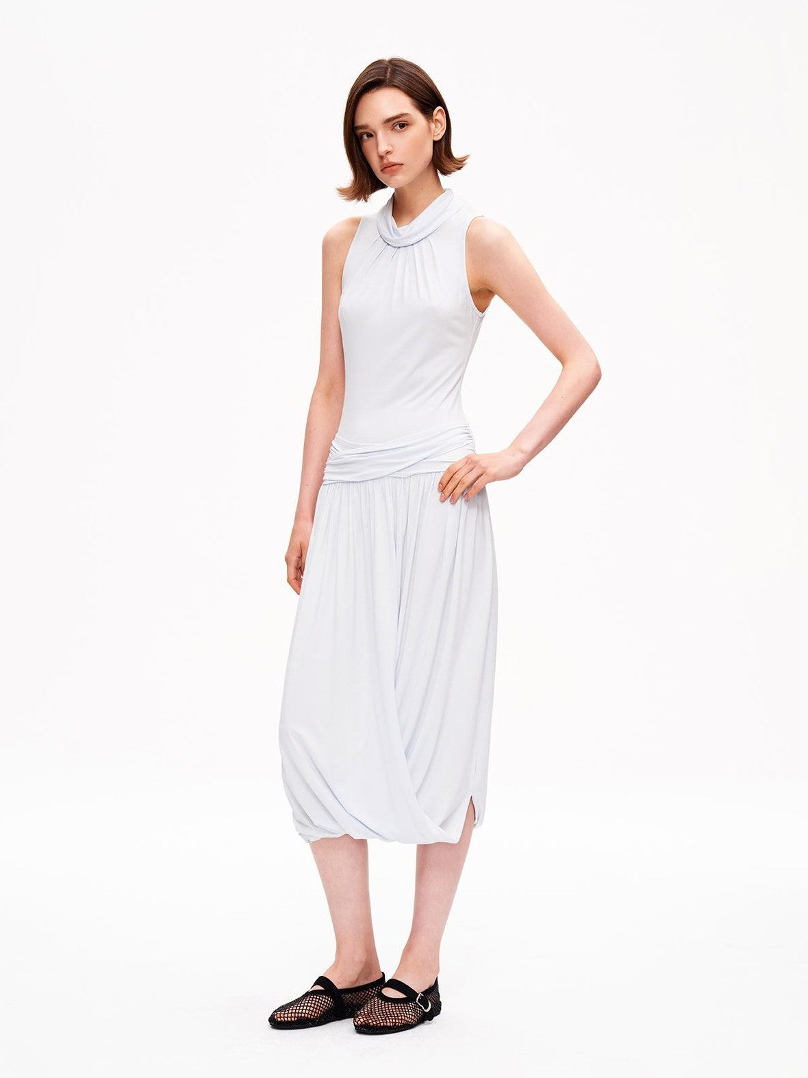 STRIKE A POSE Textured Sleeveless Mock Neck Fitted Waist Women&