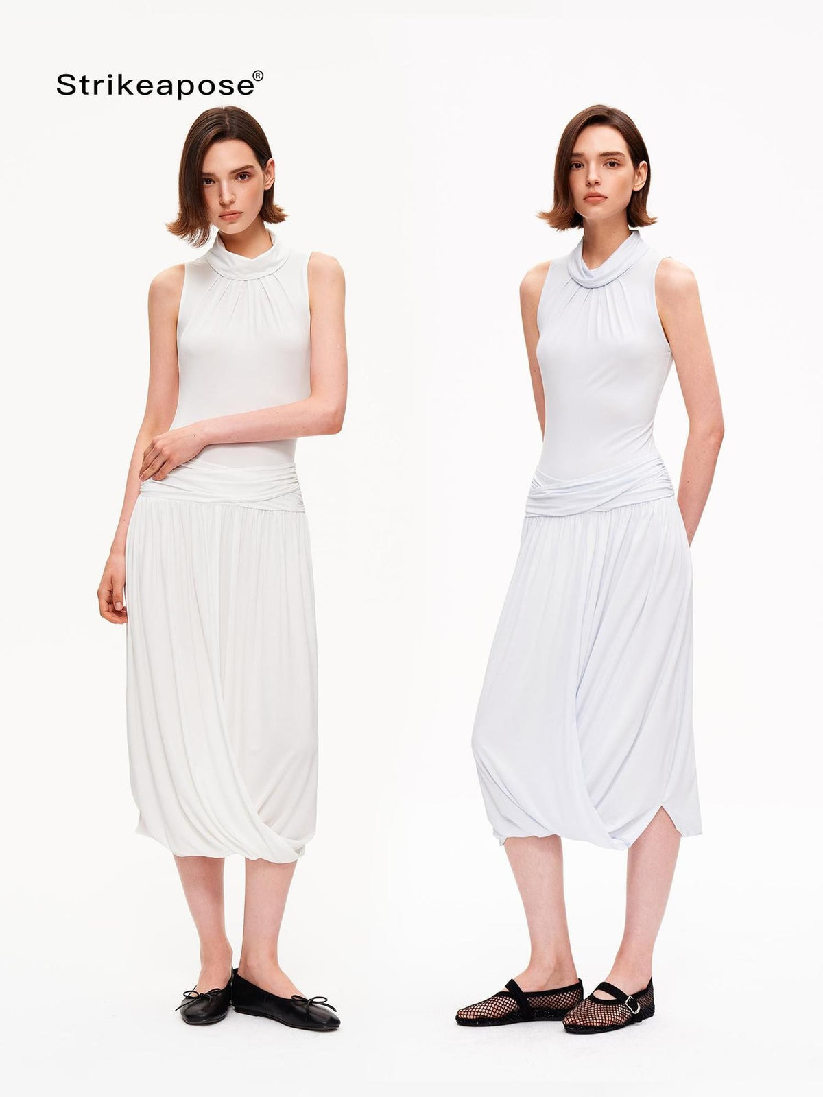 STRIKE A POSE Textured Sleeveless Mock Neck Fitted Waist Women&