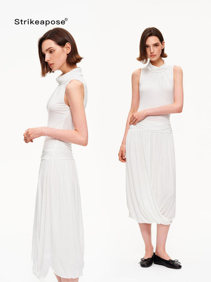 STRIKE A POSE Textured Sleeveless Mock Neck Fitted Waist Women&