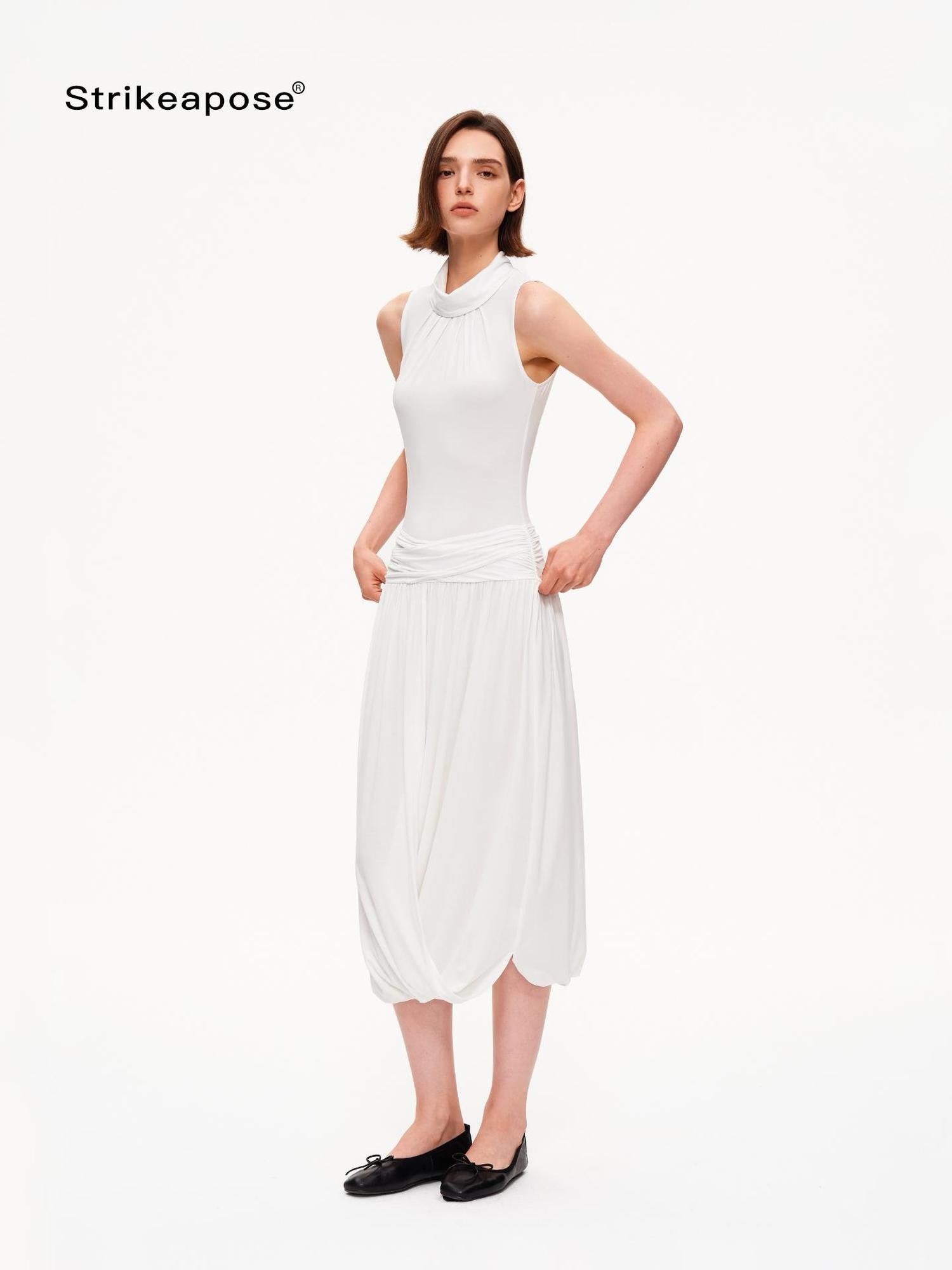 STRIKE A POSE Textured Sleeveless Mock Neck Fitted Waist Women&