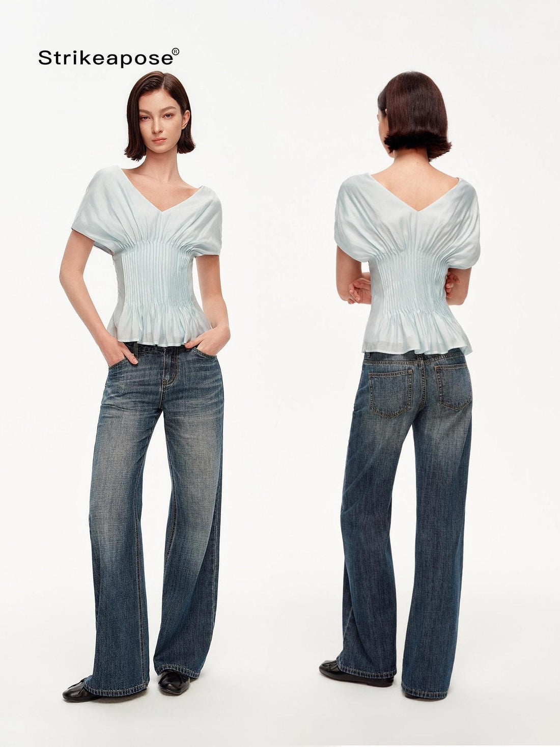 STRIKE A POSE Textured V-neck Waist Tuck 3d Tailored Women&