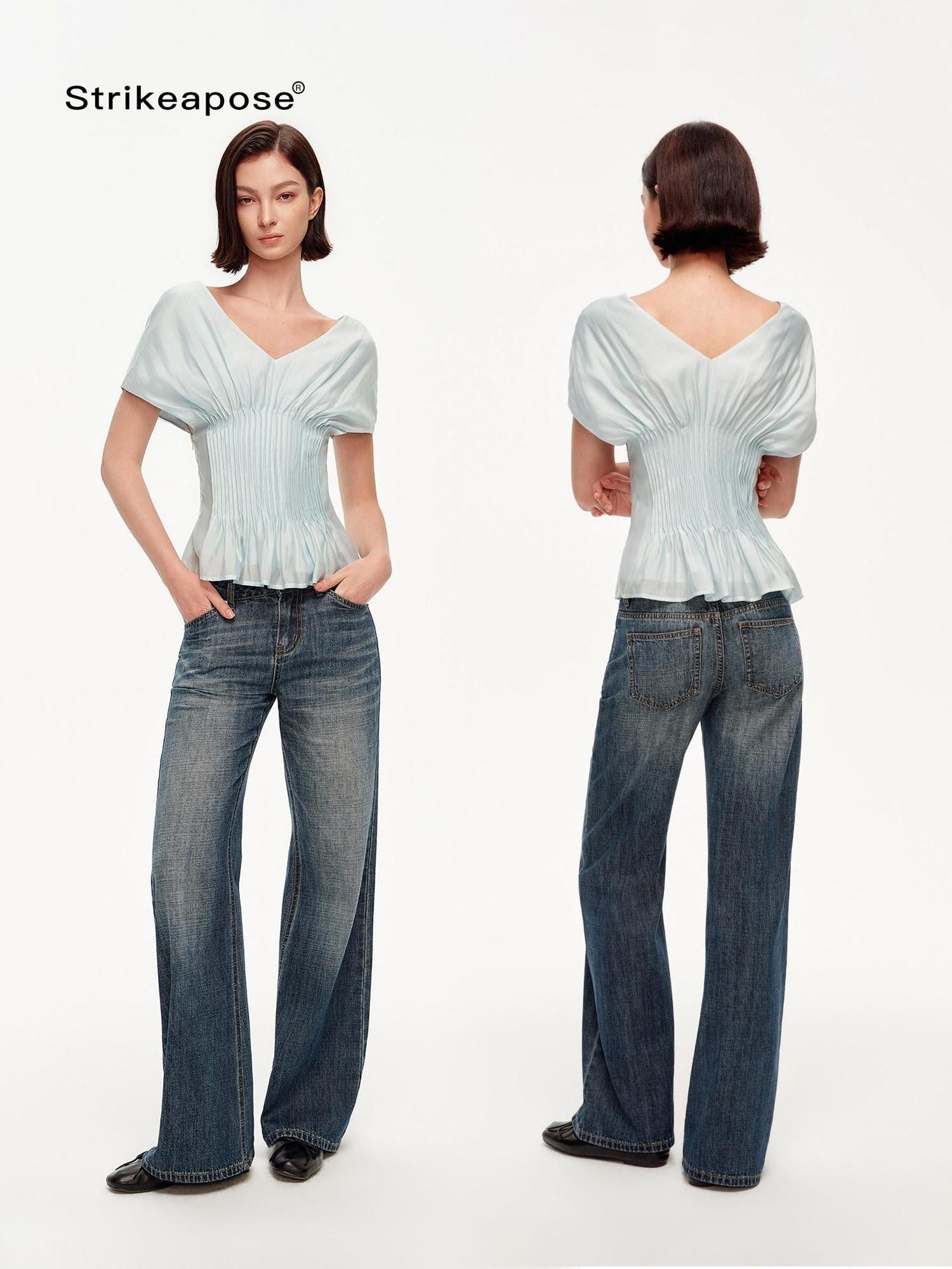 STRIKE A POSE Textured V-neck Waist Tuck 3d Tailored Women&