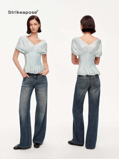 STRIKE A POSE Textured V-neck Waist Tuck 3d Tailored Women&
