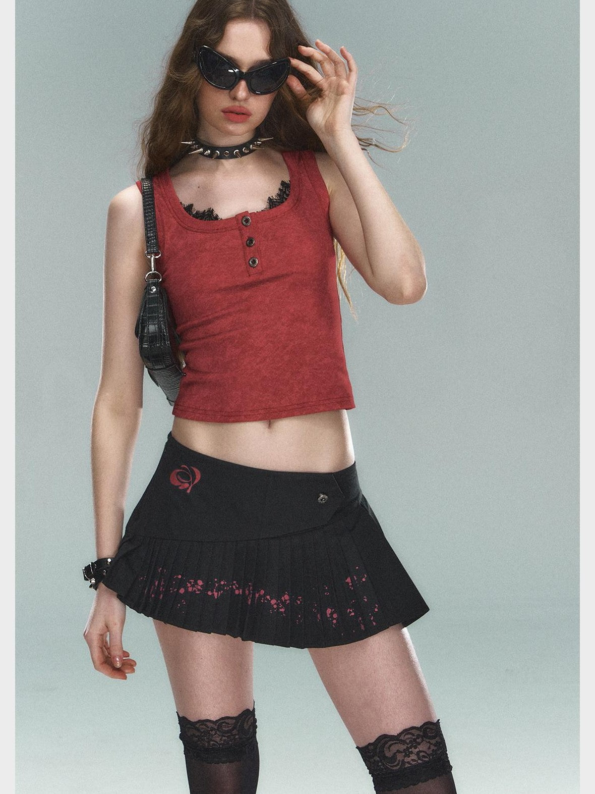 STRIKE A POSE Thorn Rose Foil Print Dark Pattern Lace Splice Women&