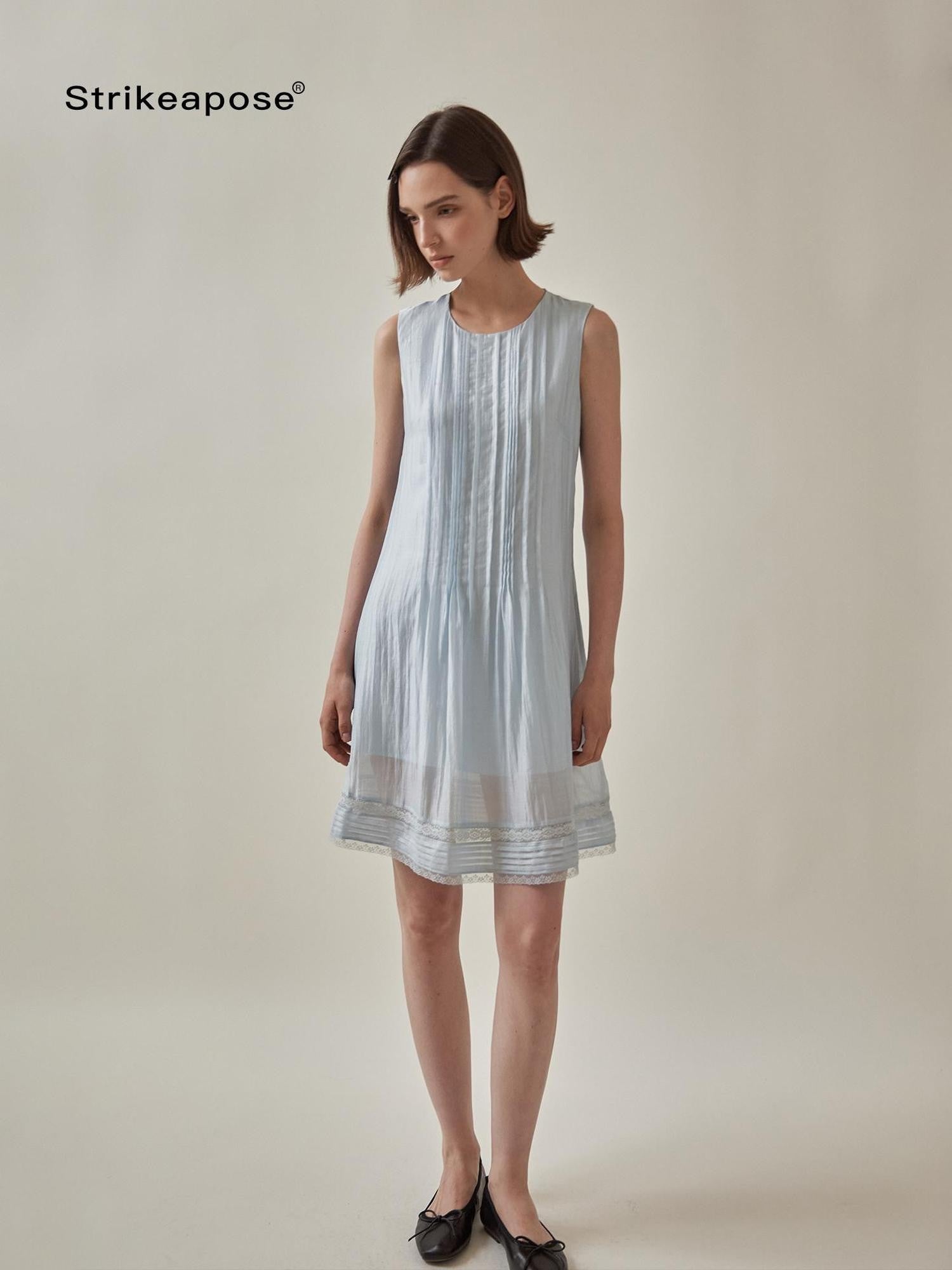 STRIKE A POSE Tuck Pleat Double Layer Aline Sleeveless Women&