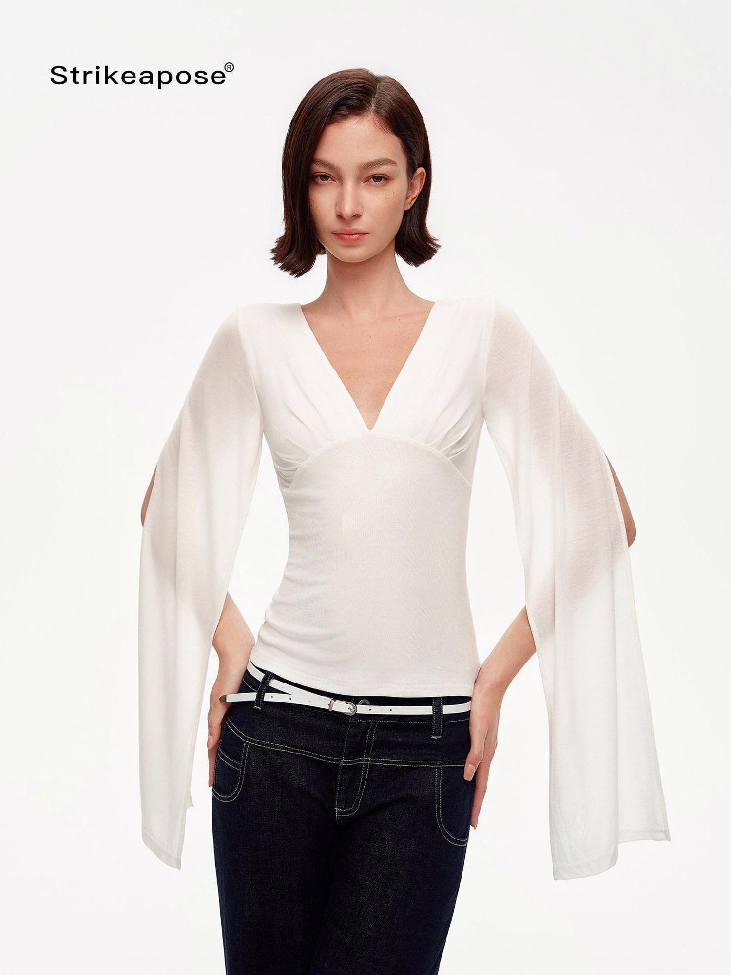 STRIKE A POSE Two Way V-neck Side Slit Mesh Sleeve Women&