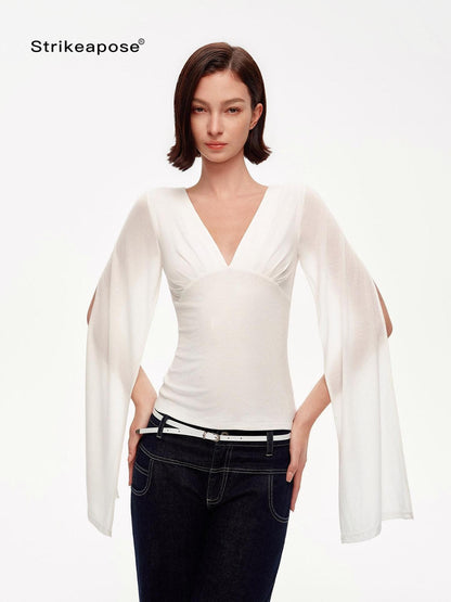 STRIKE A POSE Two Way V-neck Side Slit Mesh Sleeve Women&