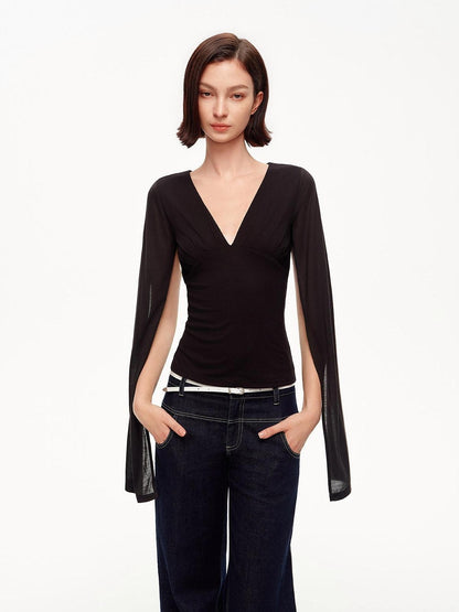 STRIKE A POSE Two Way V-neck Side Slit Mesh Sleeve Women&