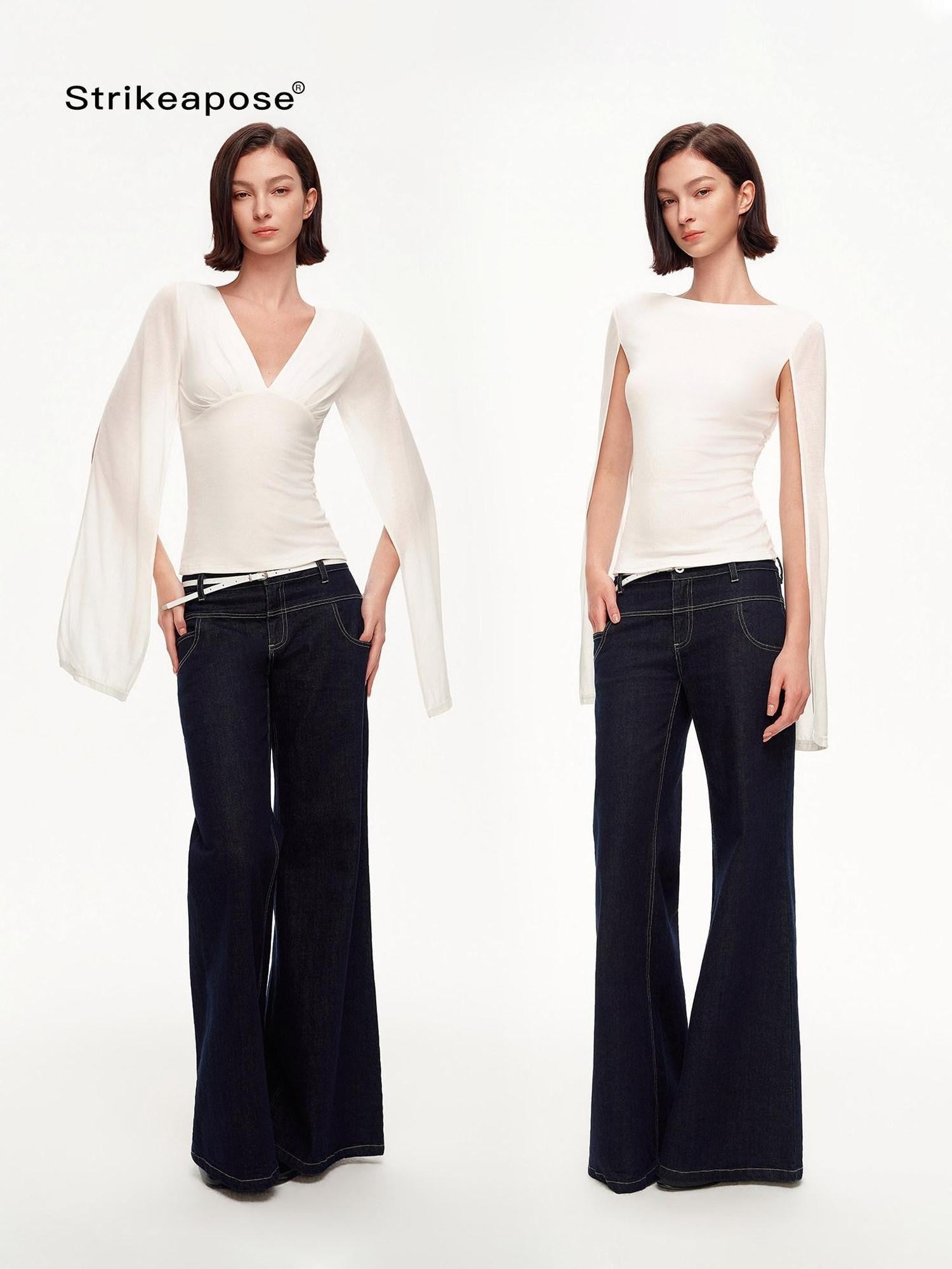 STRIKE A POSE Two Way V-neck Side Slit Mesh Sleeve Women&
