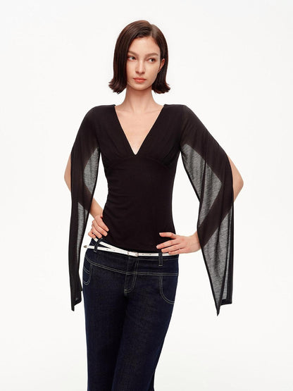 STRIKE A POSE Two Way V-neck Side Slit Mesh Sleeve Women&