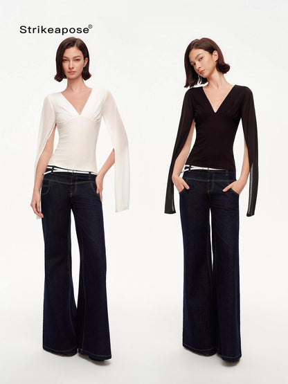 STRIKE A POSE Two Way V-neck Side Slit Mesh Sleeve Women&