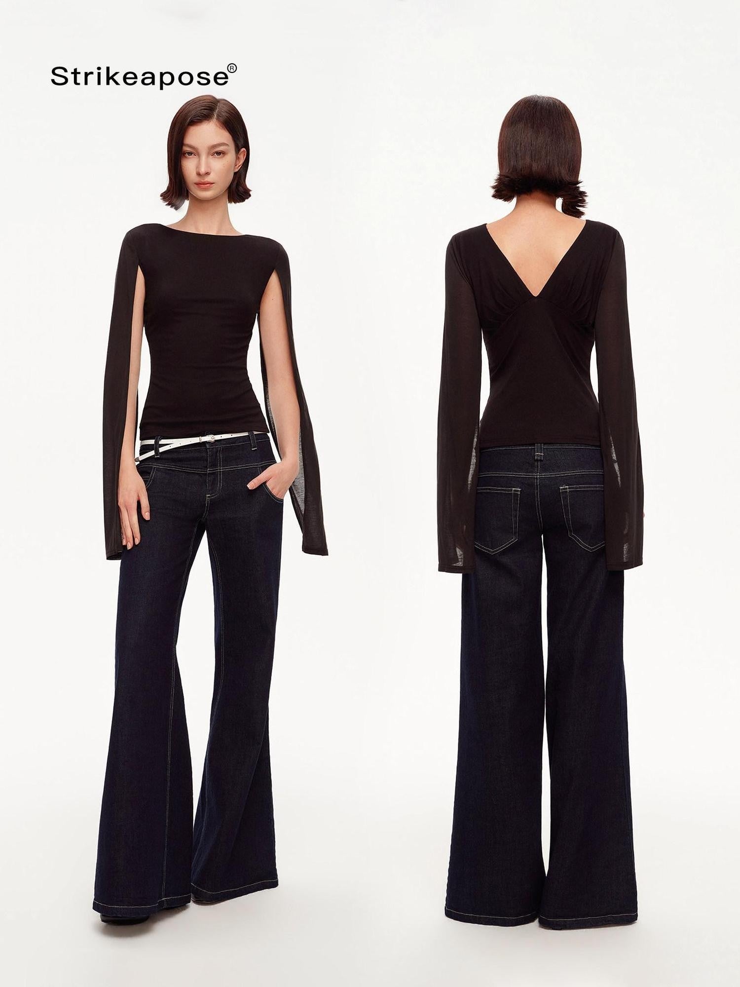 STRIKE A POSE Two Way V-neck Side Slit Mesh Sleeve Women&