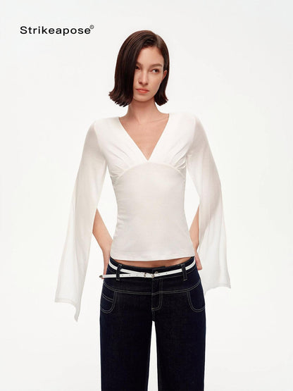STRIKE A POSE Two Way V-neck Side Slit Mesh Sleeve Women&