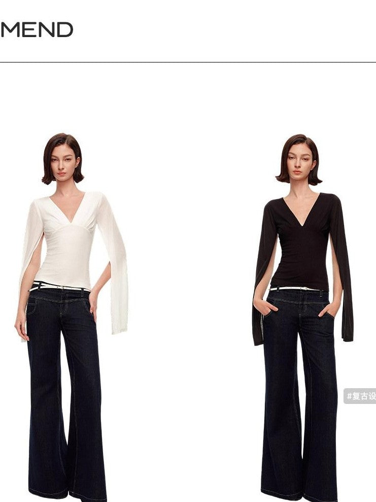 STRIKE A POSE Two Way V-neck Side Slit Mesh Sleeve Women&