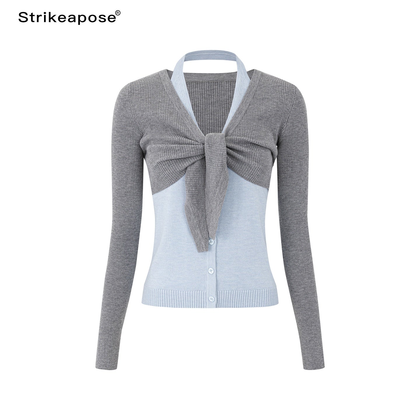STRIKE_A_POSE_V-neck_Colorblock_Two_Piece_Cardigan_Knit_Shawl_Women&