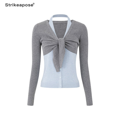 STRIKE_A_POSE_V-neck_Colorblock_Two_Piece_Cardigan_Knit_Shawl_Women&