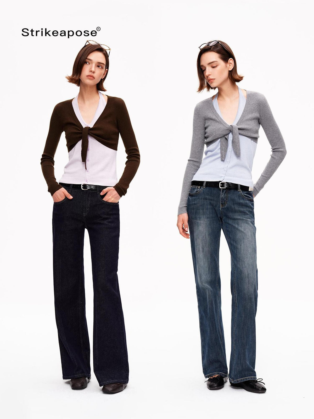 STRIKE A POSE V-neck Colorblock Two Piece Cardigan Knit Shawl Women&