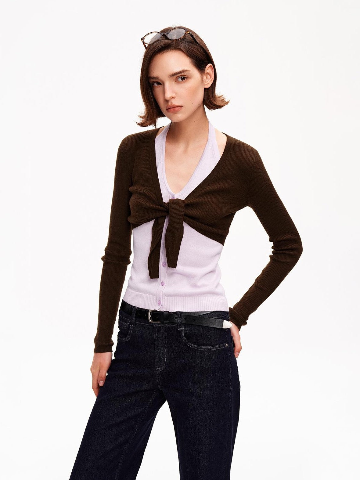 STRIKE A POSE V-neck Colorblock Two Piece Cardigan Knit Shawl Women&