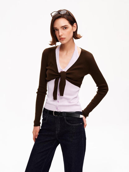 STRIKE A POSE V-neck Colorblock Two Piece Cardigan Knit Shawl Women&