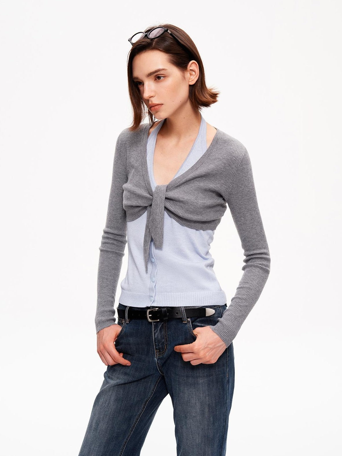 STRIKE A POSE V-neck Colorblock Two Piece Cardigan Knit Shawl Women&