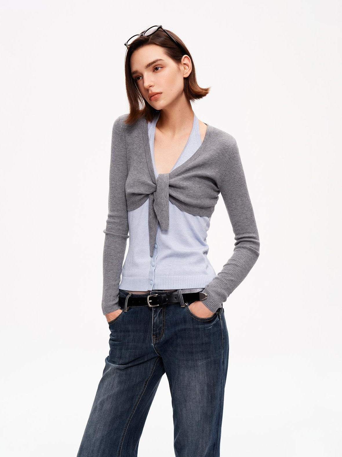 STRIKE A POSE V-neck Colorblock Two Piece Cardigan Knit Shawl Women&