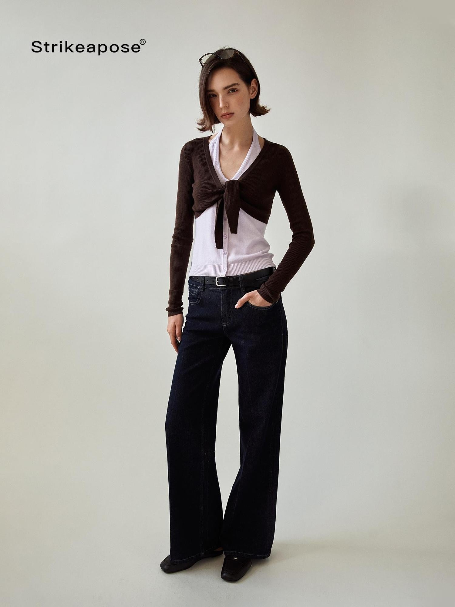 STRIKE A POSE V-neck Colorblock Two Piece Cardigan Knit Shawl Women&