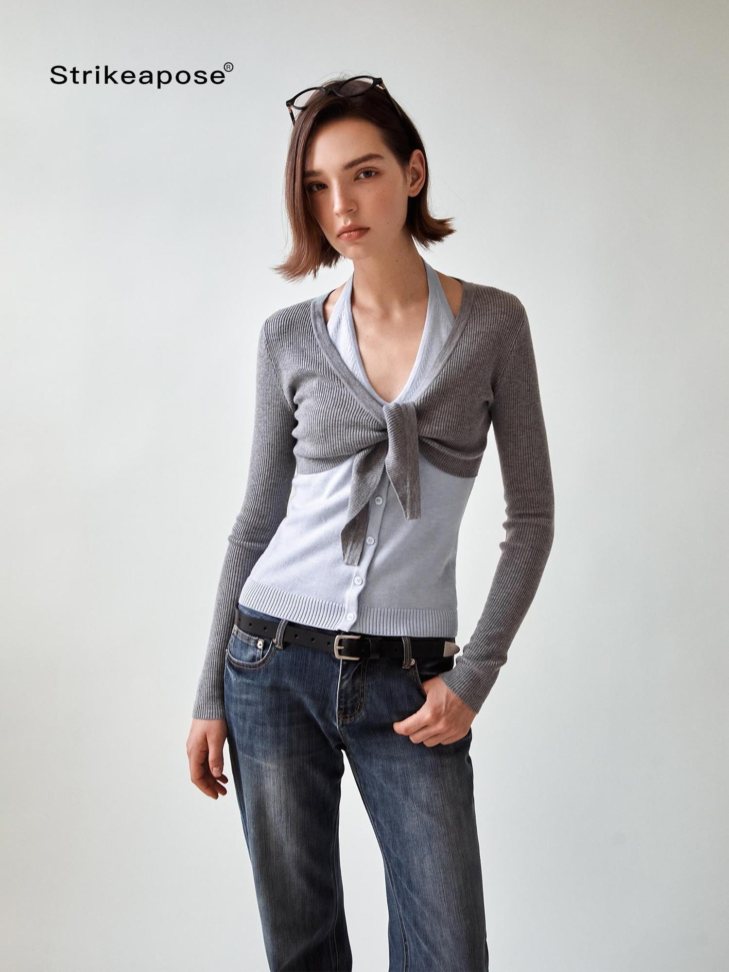 STRIKE A POSE V-neck Colorblock Two Piece Cardigan Knit Shawl Women&
