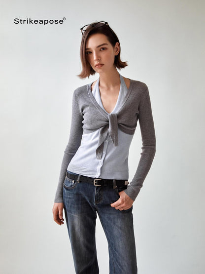 STRIKE A POSE V-neck Colorblock Two Piece Cardigan Knit Shawl Women&