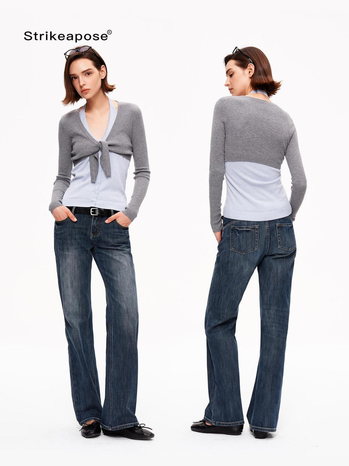 STRIKE A POSE V-neck Colorblock Two Piece Cardigan Knit Shawl Women&
