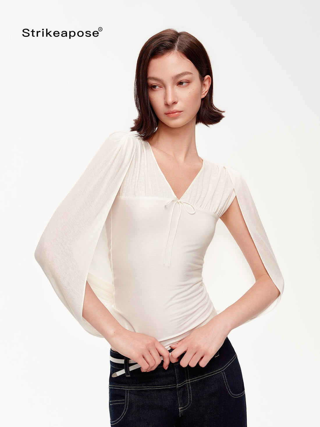 STRIKE A POSE V-neck Tie Cape Batwing Waist Cinch Women&