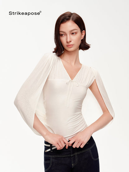 STRIKE A POSE V-neck Tie Cape Batwing Waist Cinch Women&