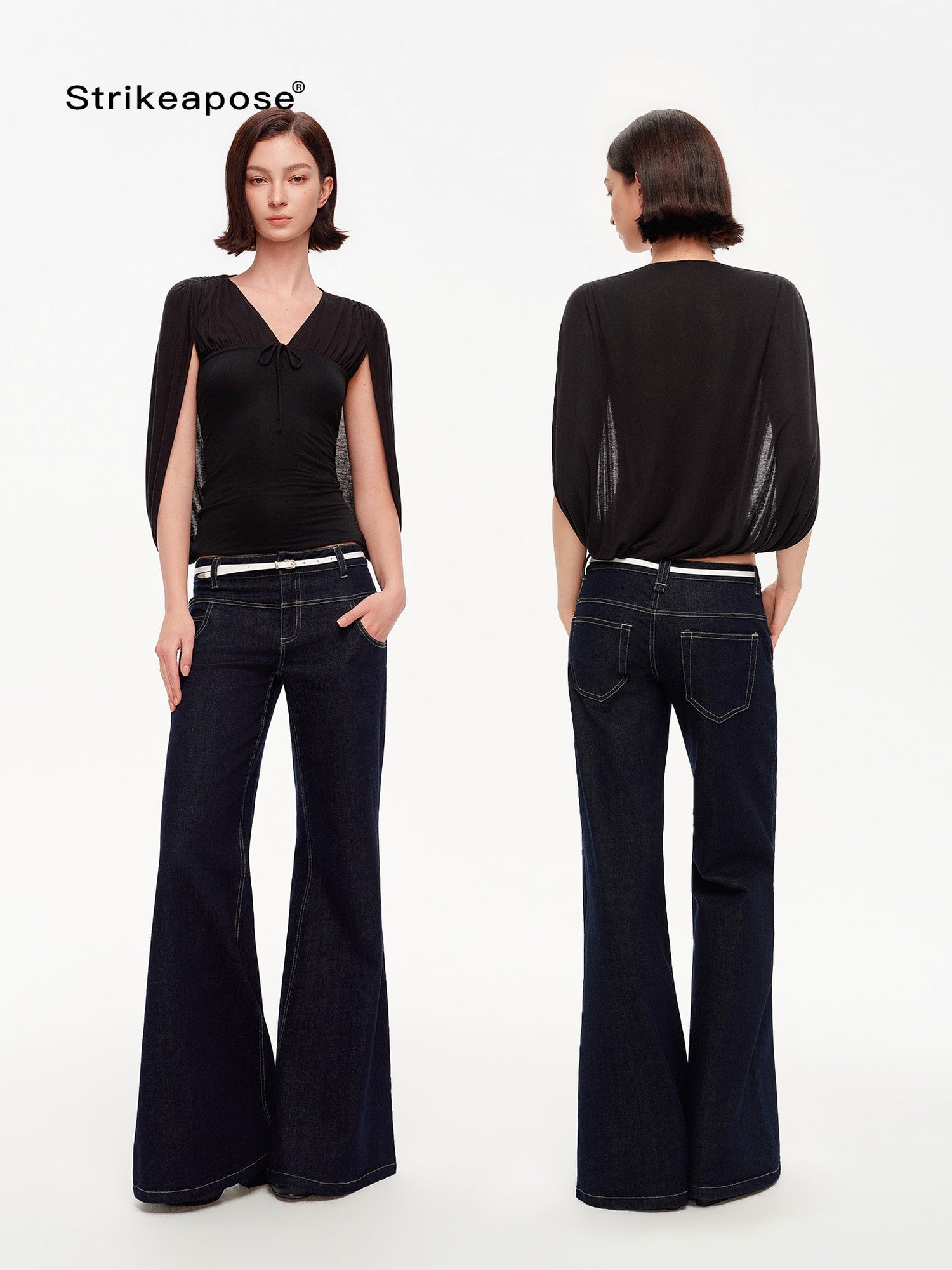 STRIKE A POSE V-neck Tie Cape Batwing Waist Cinch Women&