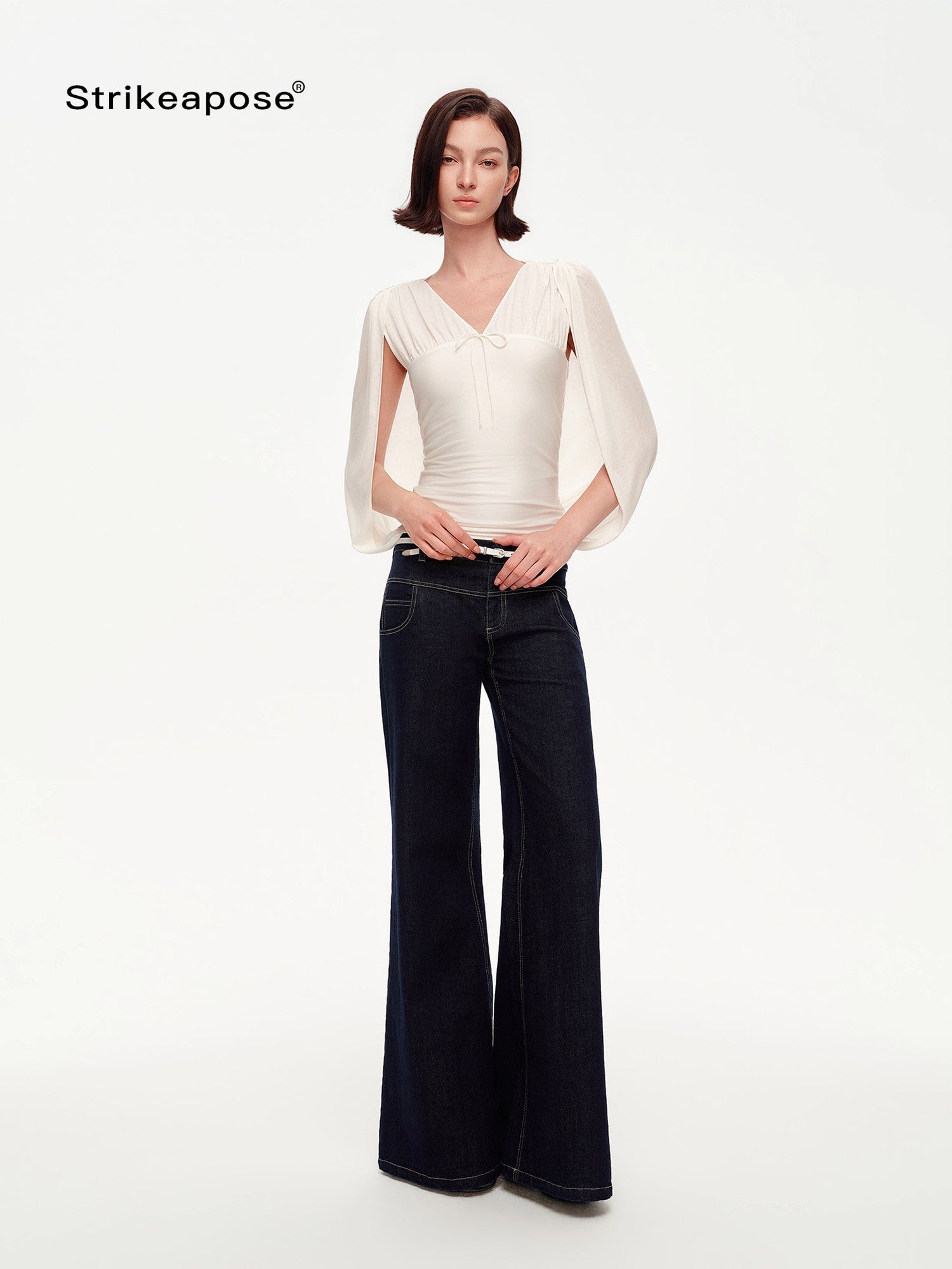 STRIKE A POSE V-neck Tie Cape Batwing Waist Cinch Women&