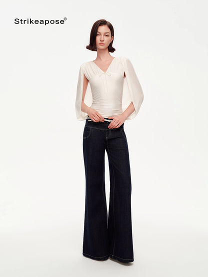 STRIKE A POSE V-neck Tie Cape Batwing Waist Cinch Women&