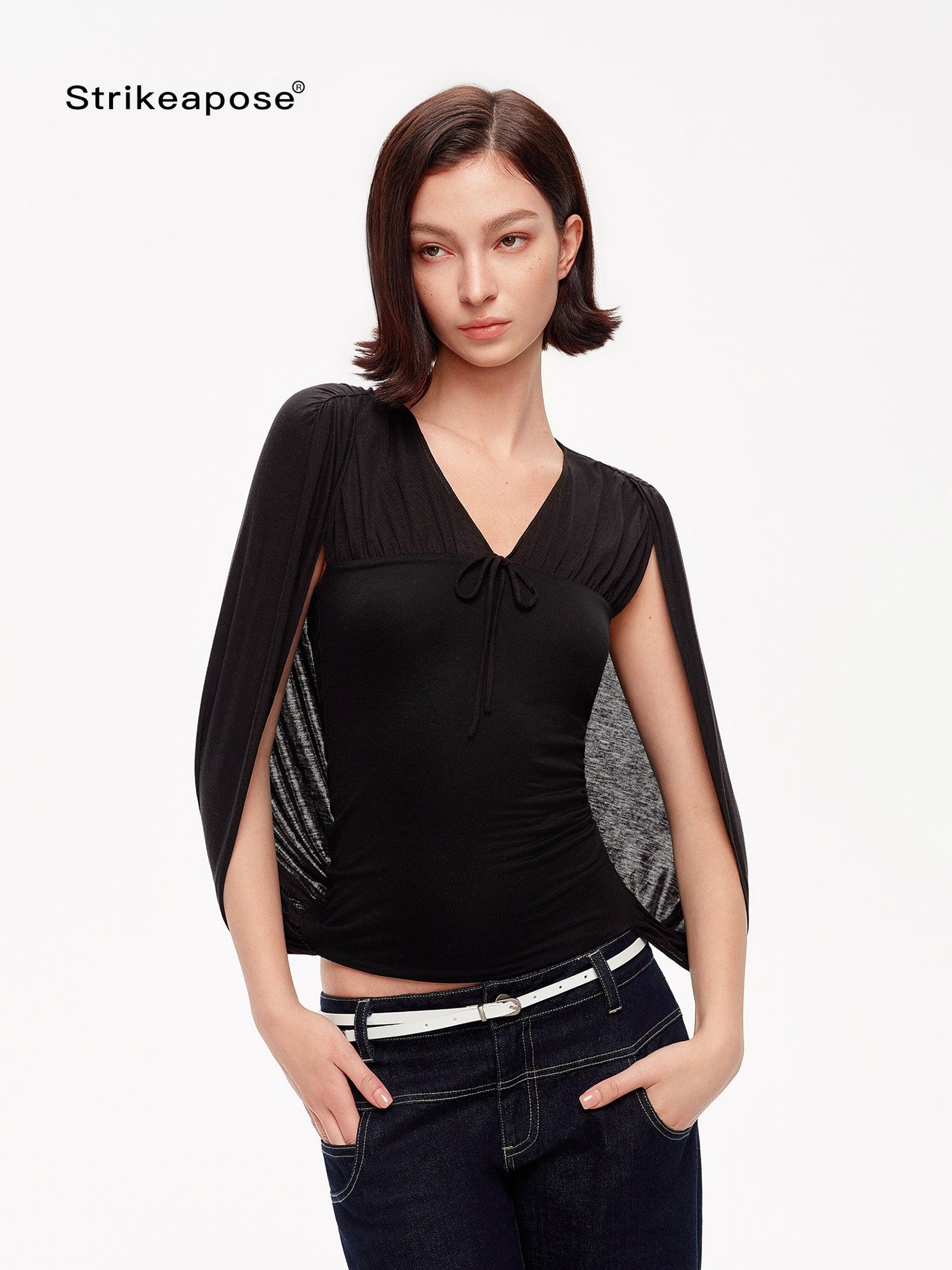 STRIKE A POSE V-neck Tie Cape Batwing Waist Cinch Women&