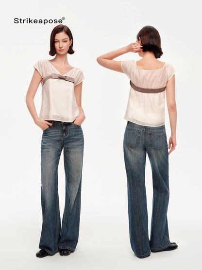 STRIKE A POSE Vintage Blue Gray Washed Low Rise Microstretch Flare Women&