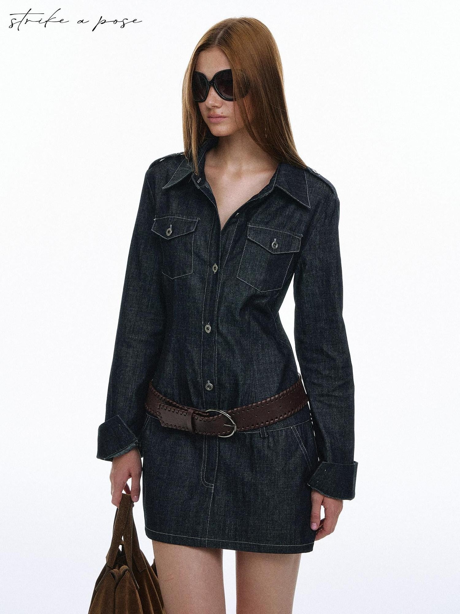 STRIKE A POSE Vintage Workwear Denim Long Sleeve Belted Women&