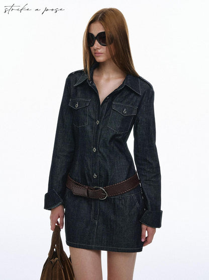 STRIKE A POSE Vintage Workwear Denim Long Sleeve Belted Women&