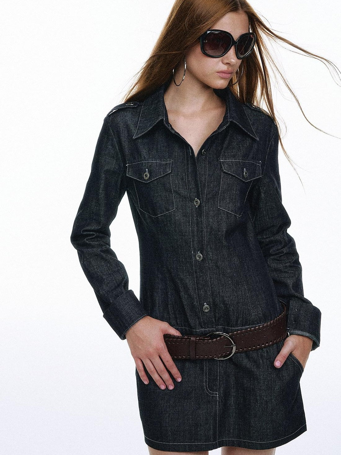 STRIKE A POSE Vintage Workwear Denim Long Sleeve Belted Women&