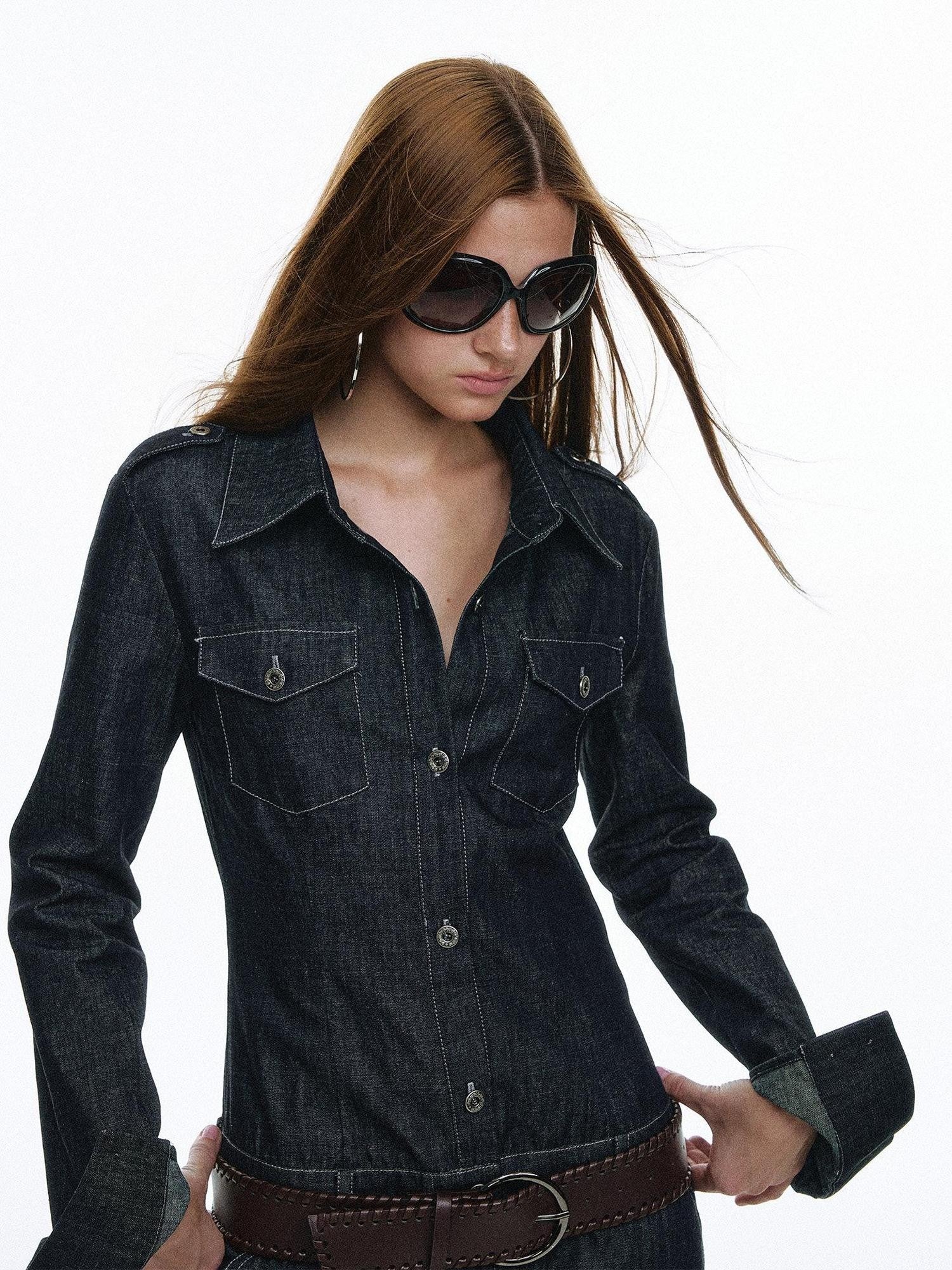 STRIKE A POSE Vintage Workwear Denim Long Sleeve Belted Women&