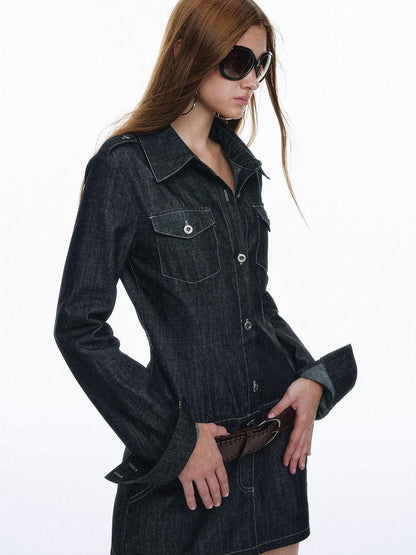 STRIKE A POSE Vintage Workwear Denim Long Sleeve Belted Women&