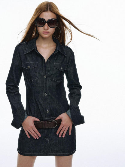 STRIKE A POSE Vintage Workwear Denim Long Sleeve Belted Women&