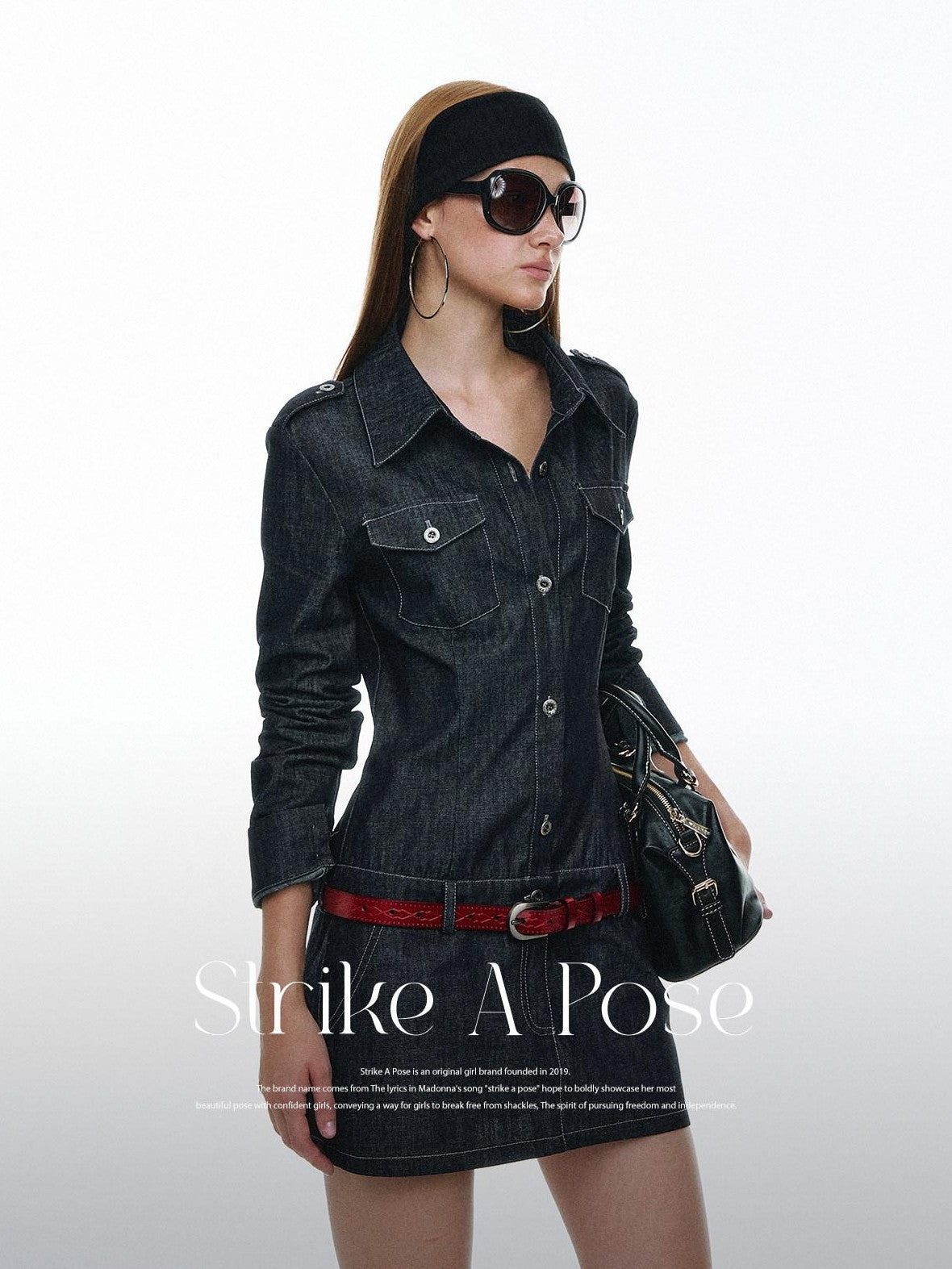 STRIKE A POSE Vintage Workwear Denim Long Sleeve Belted Women&