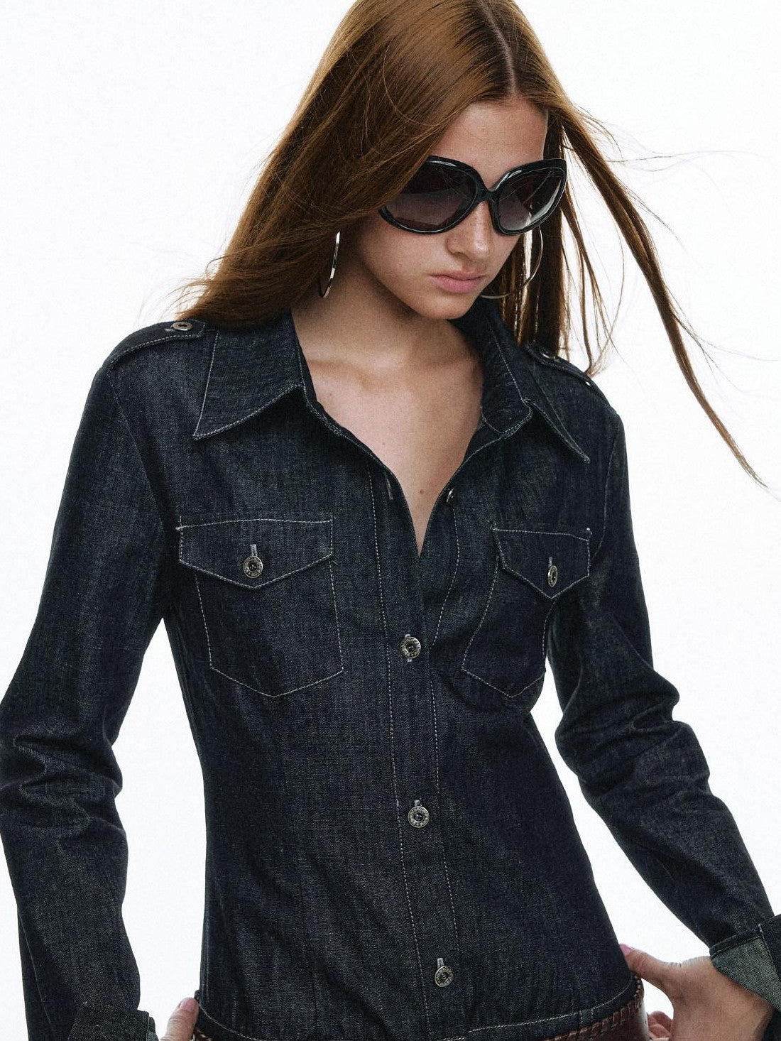 STRIKE A POSE Vintage Workwear Denim Long Sleeve Belted Women&
