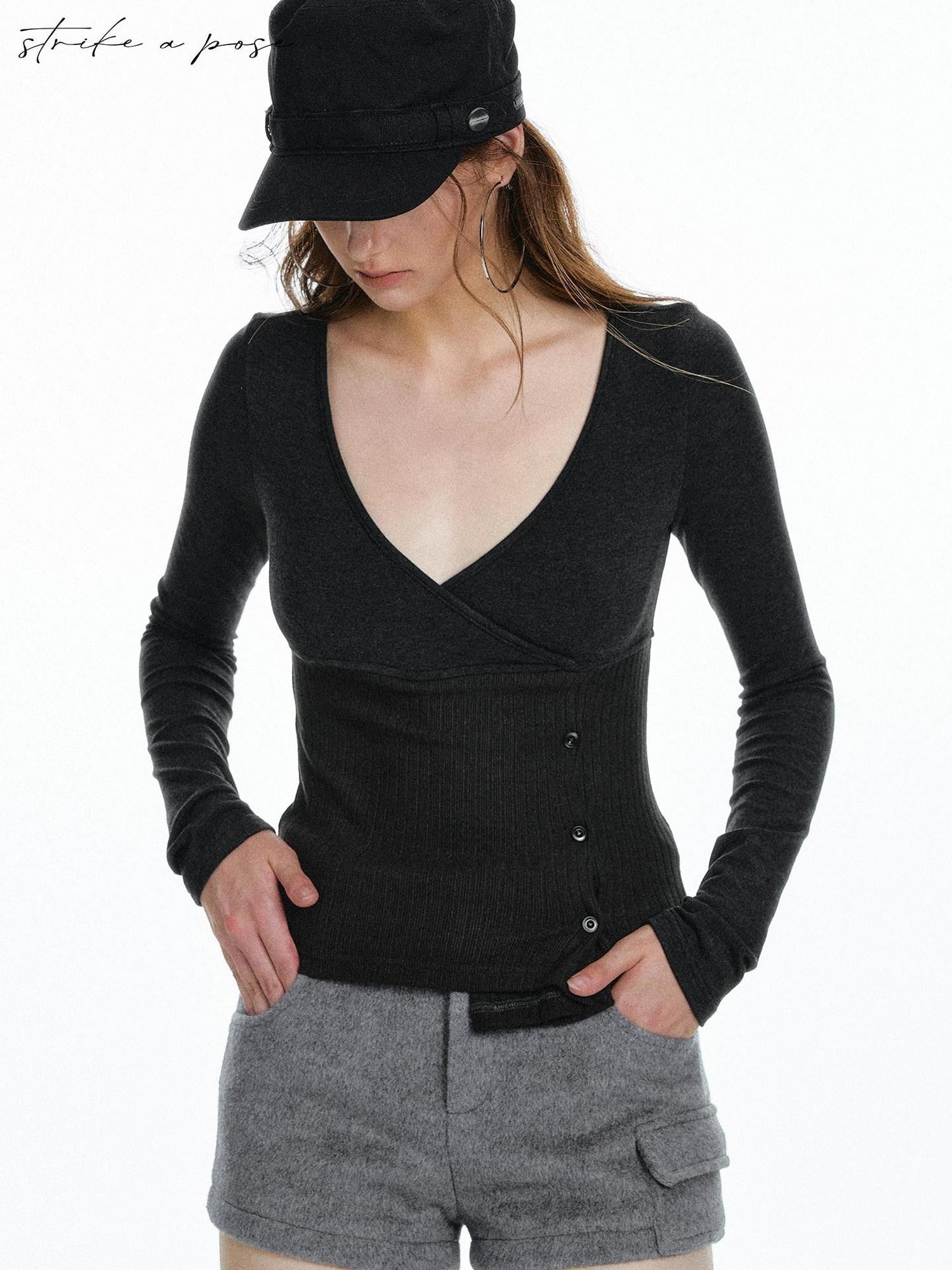 STRIKE A POSE Waist Cinch Button Placket Deep V Women&