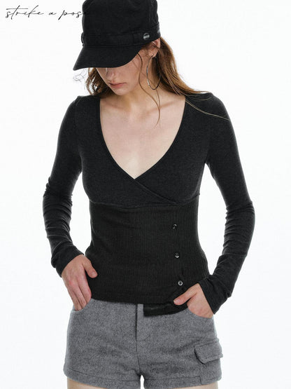 STRIKE A POSE Waist Cinch Button Placket Deep V Women&