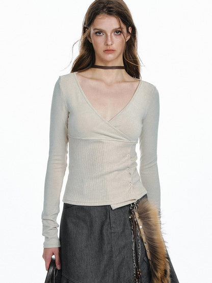 STRIKE A POSE Waist Cinch Button Placket Deep V Women&