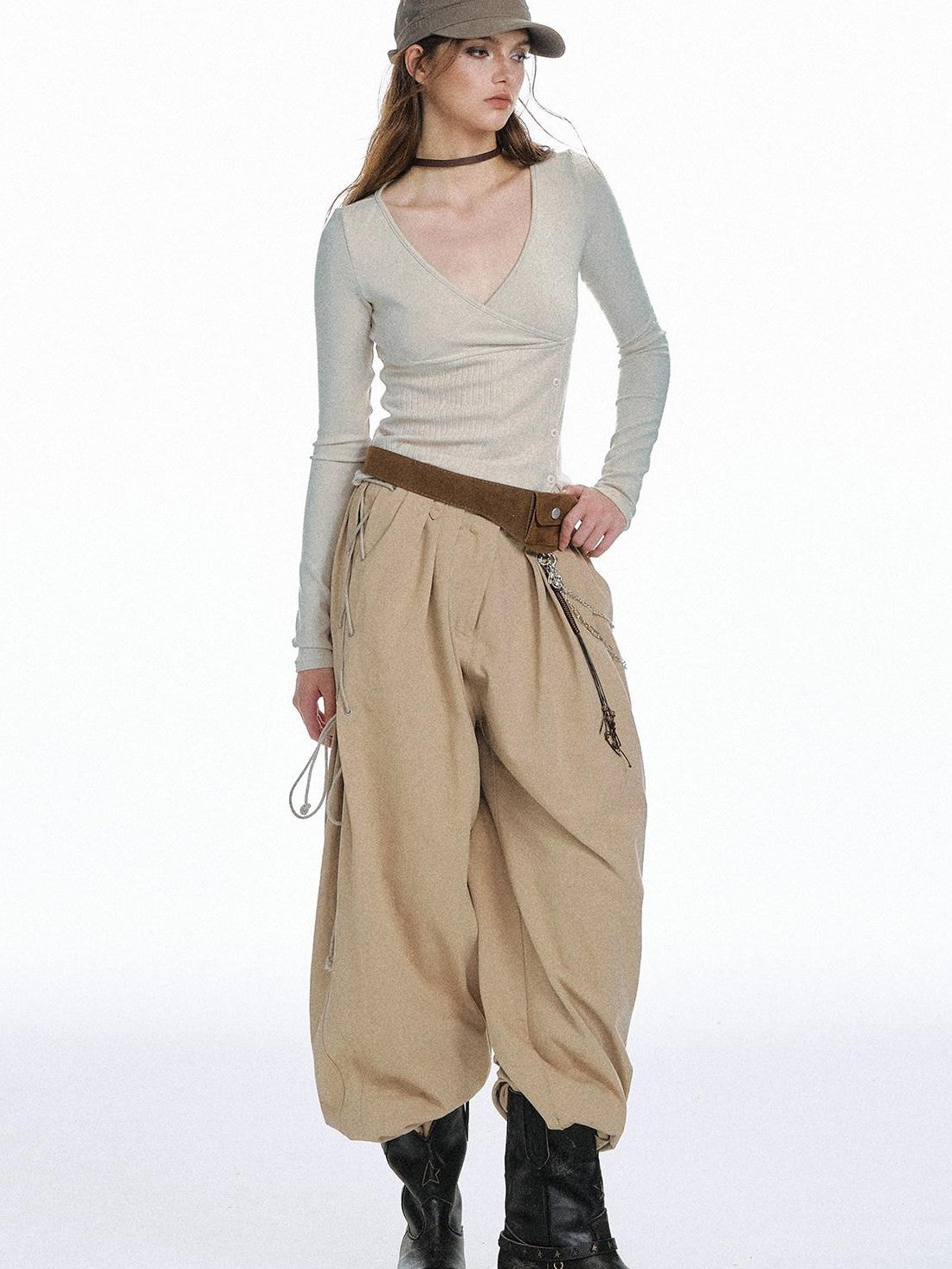 STRIKE A POSE Waist Cinch Button Placket Deep V Women&